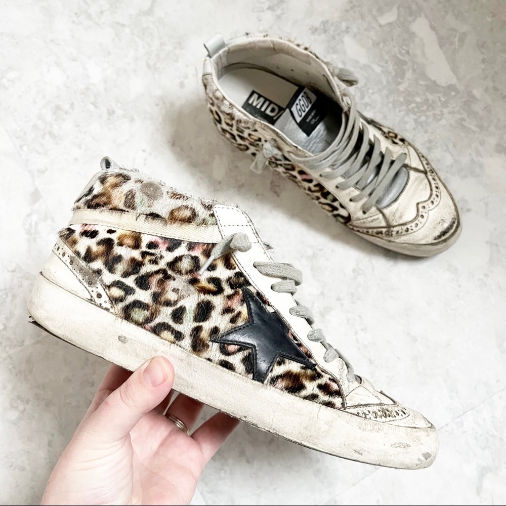 Golden Goose Deluxe Midstars Superstar Leopard Calf Hair Midtop Sneakers 39 9